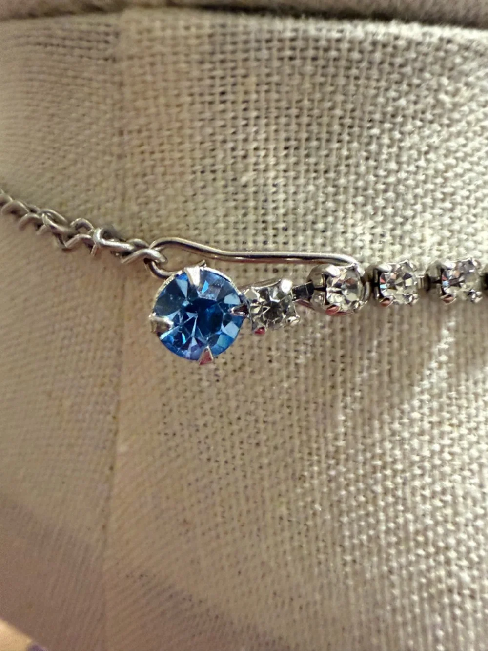 Vintage Silver Tone Blue Rhinestone Bib Necklace and Screw Back Earrings‎ Set